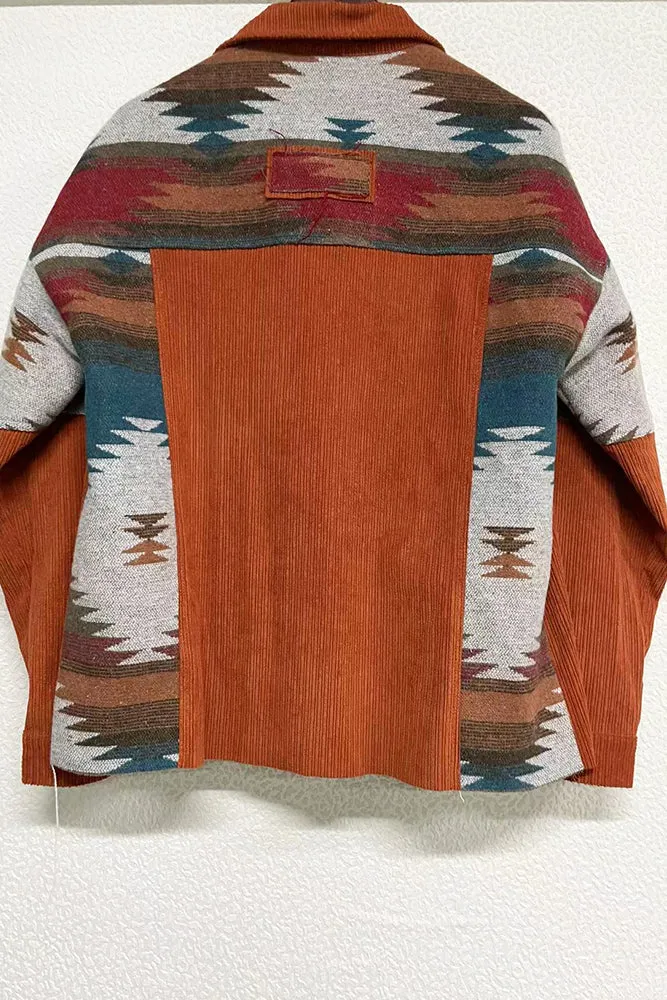 Winter Outfits Brown Open Button Aztec Patchwork Corduroy Jackets