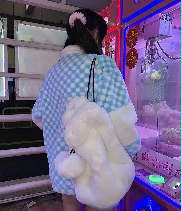 Winter Plush Velvet Checkerboard Blue White Jacket