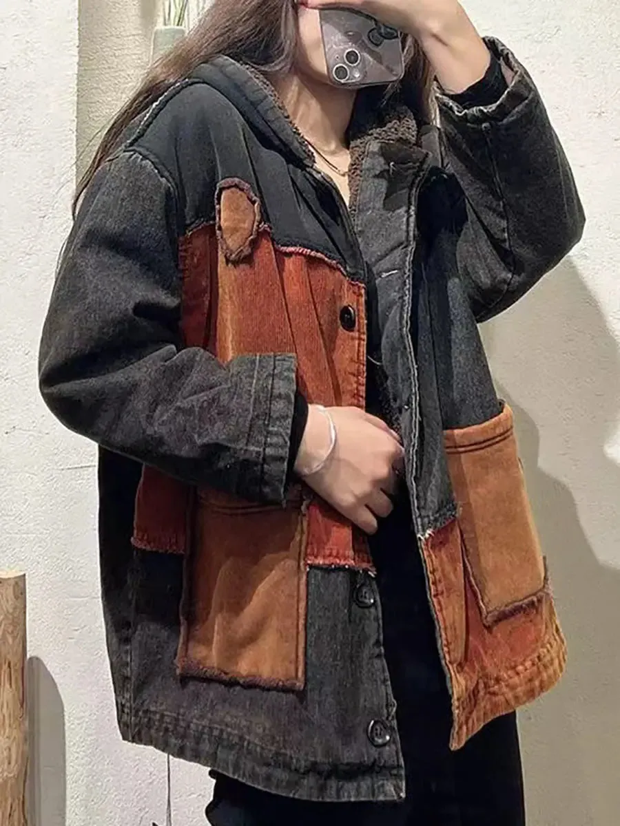 Women Spliced Cotton Fleece-Lined Hooded Coat