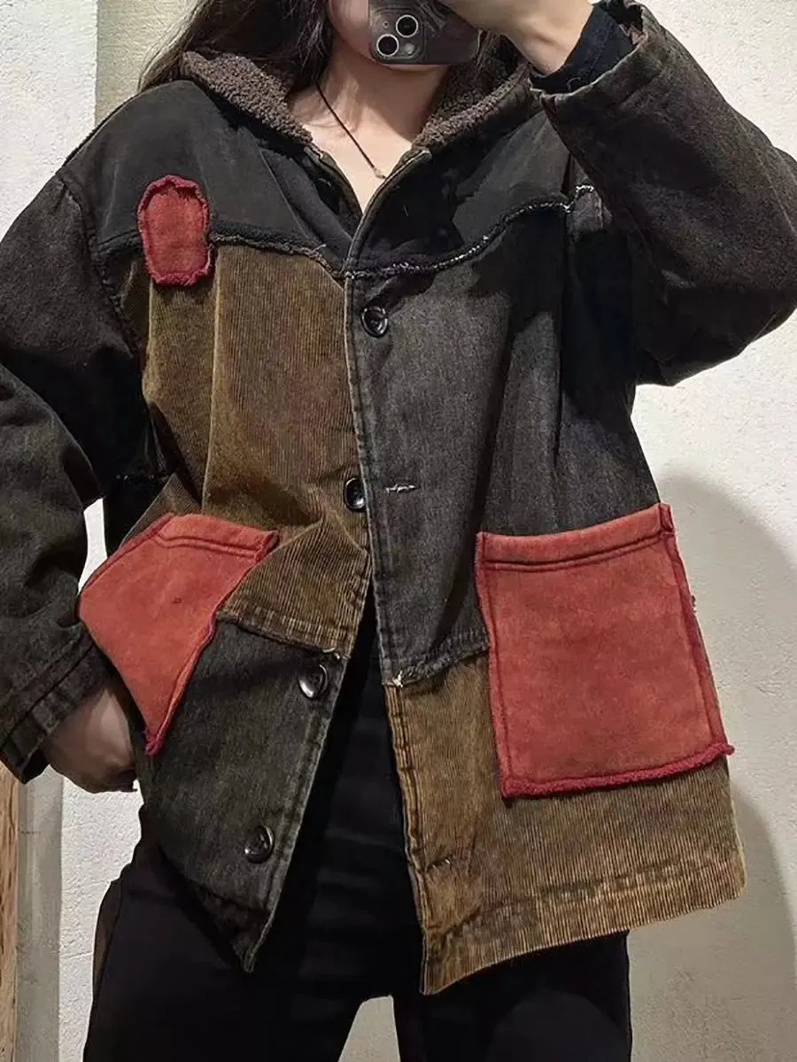Women Spliced Cotton Fleece-Lined Hooded Coat