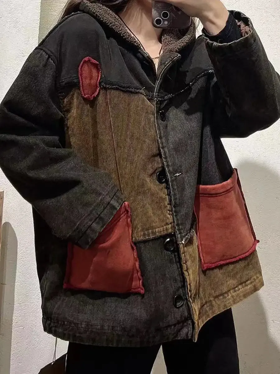 Women Spliced Cotton Fleece-Lined Hooded Coat