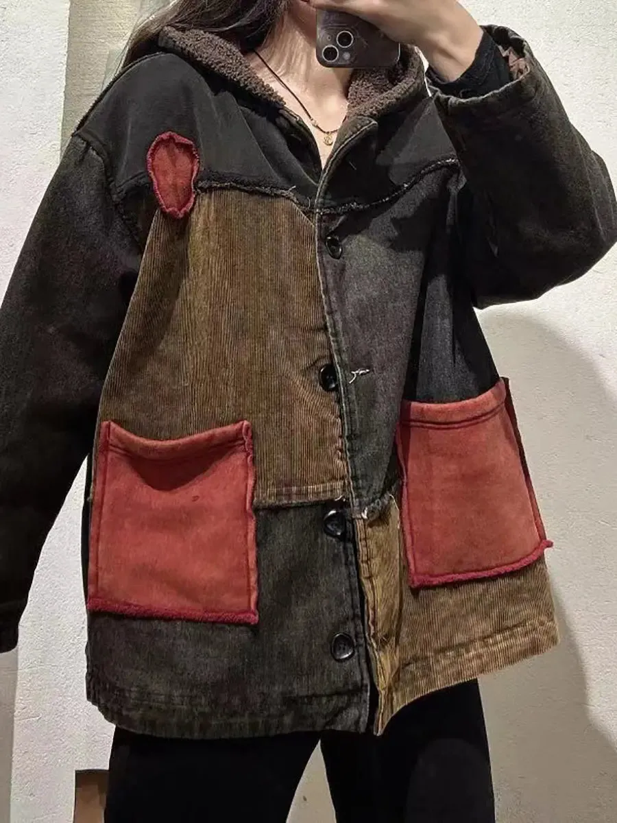 Women Spliced Cotton Fleece-Lined Hooded Coat