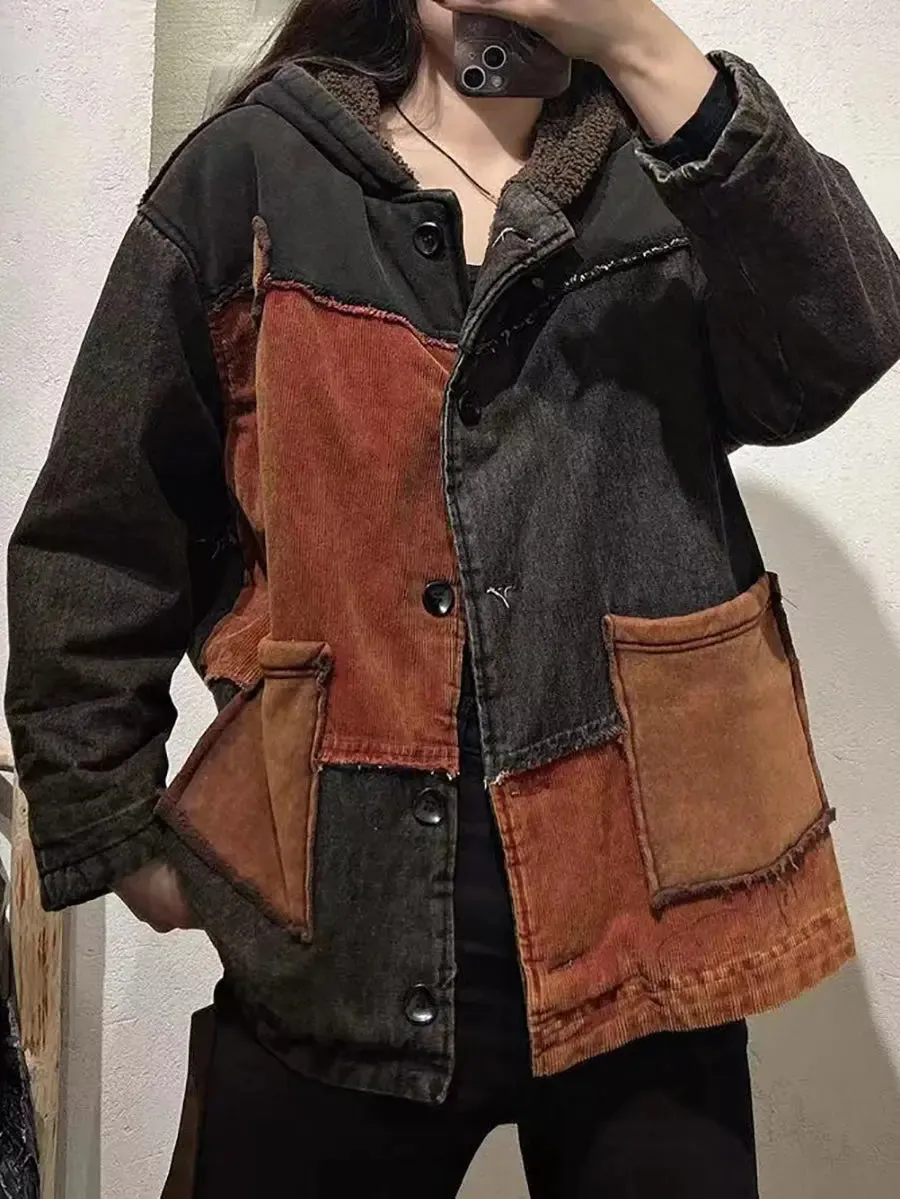Women Spliced Cotton Fleece-Lined Hooded Coat