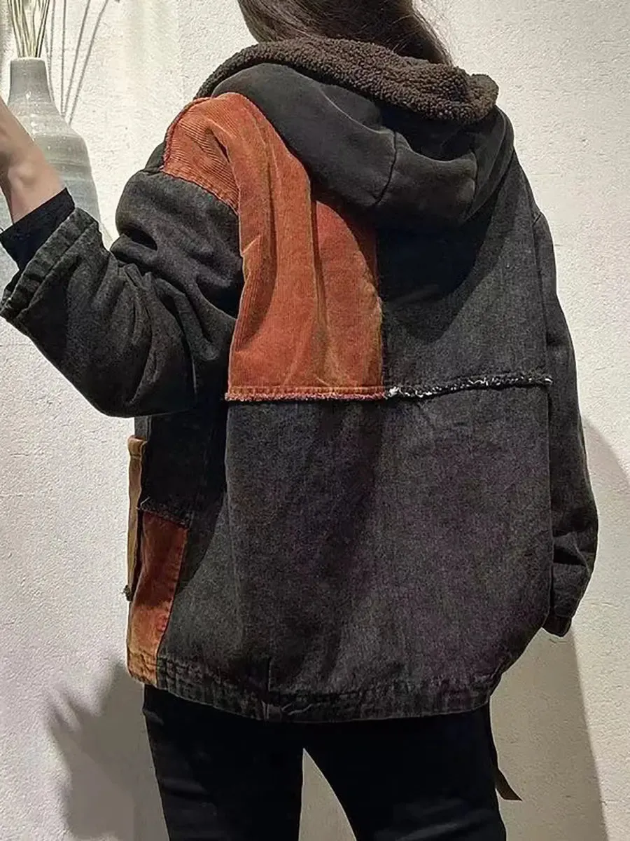 Women Spliced Cotton Fleece-Lined Hooded Coat