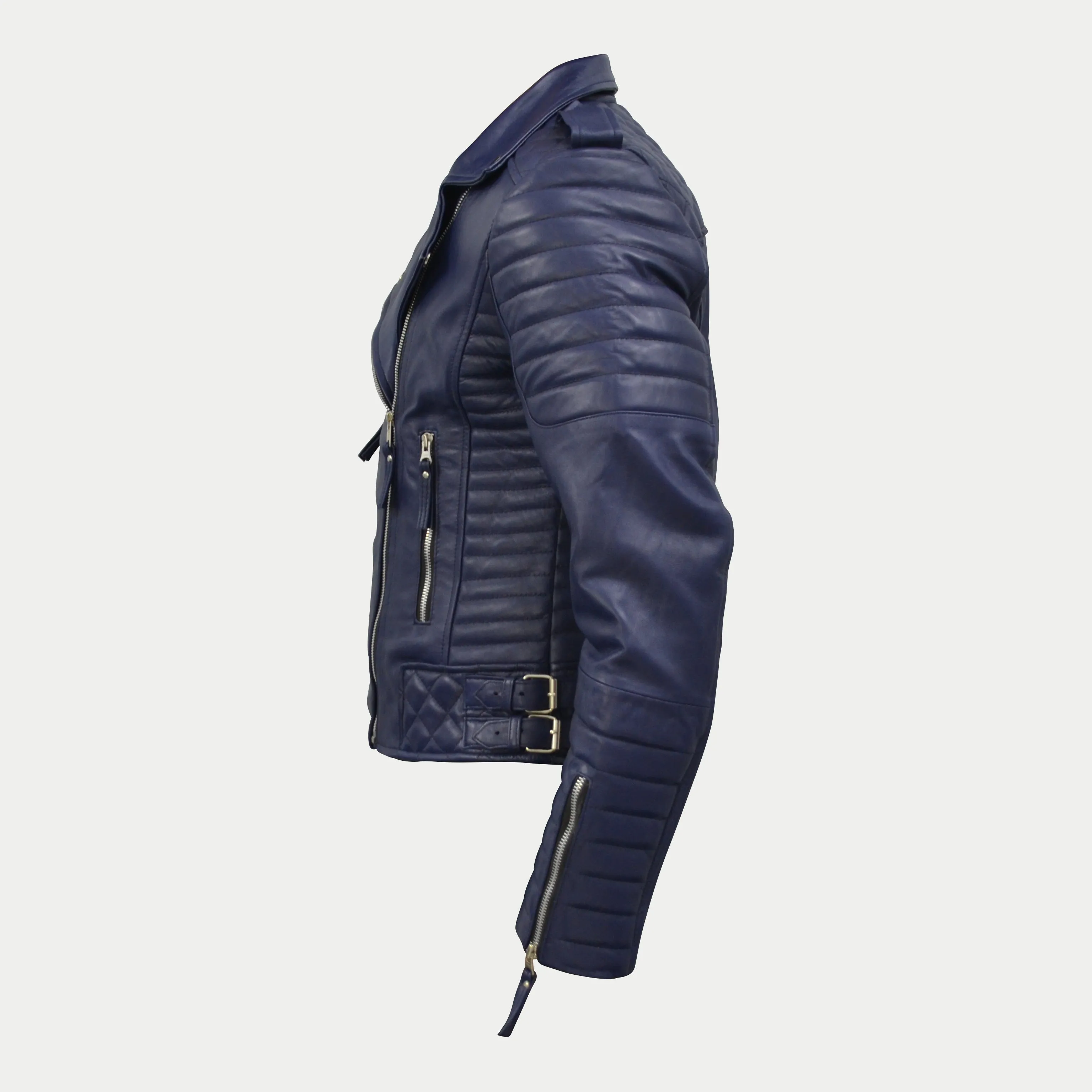 Women's Dark-Blue Quilted Padded Motorcycle Genuine Leather Biker Jacket