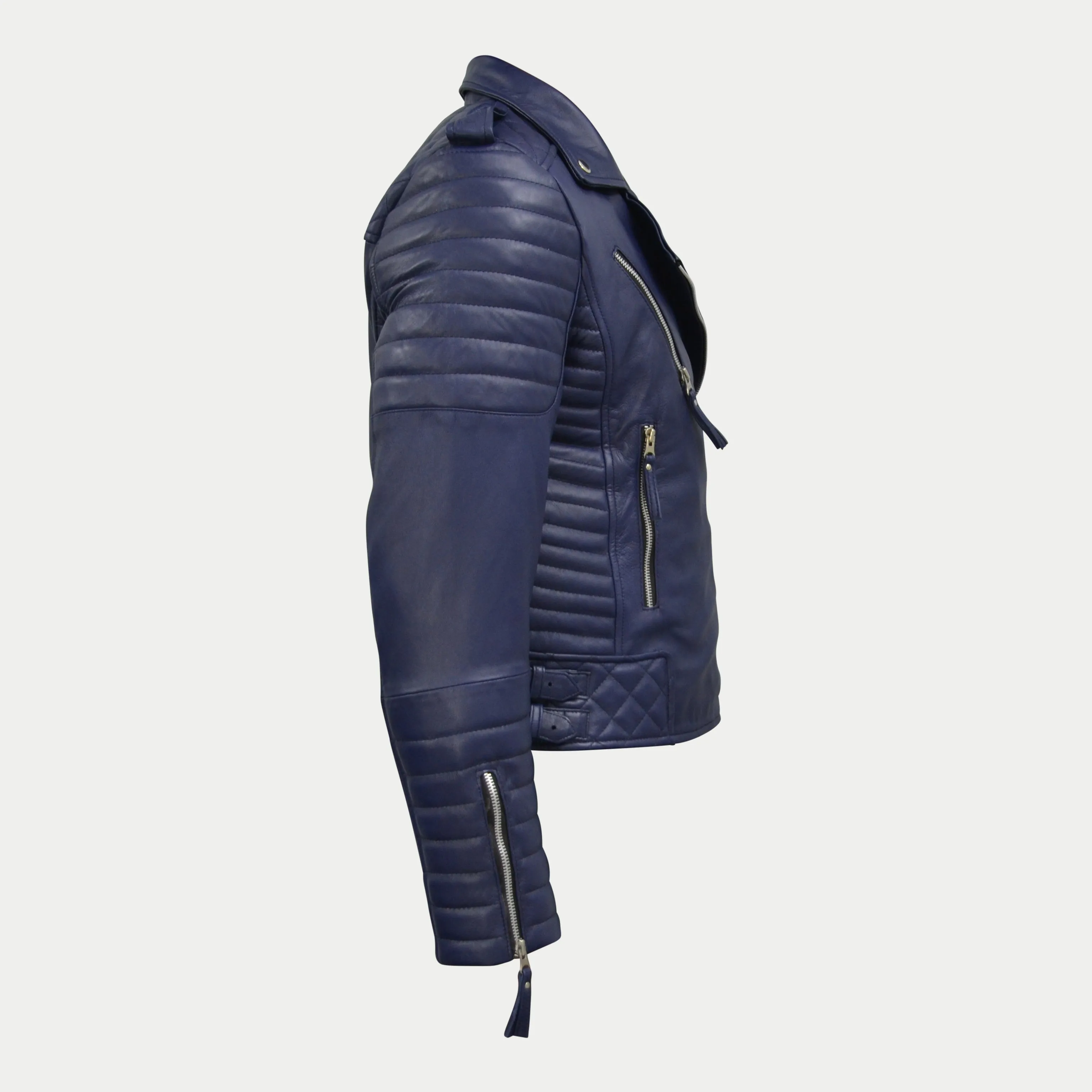 Women's Dark-Blue Quilted Padded Motorcycle Genuine Leather Biker Jacket